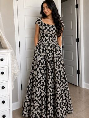 Black Floral-Embroidered Maxi Dress with Cream Accents